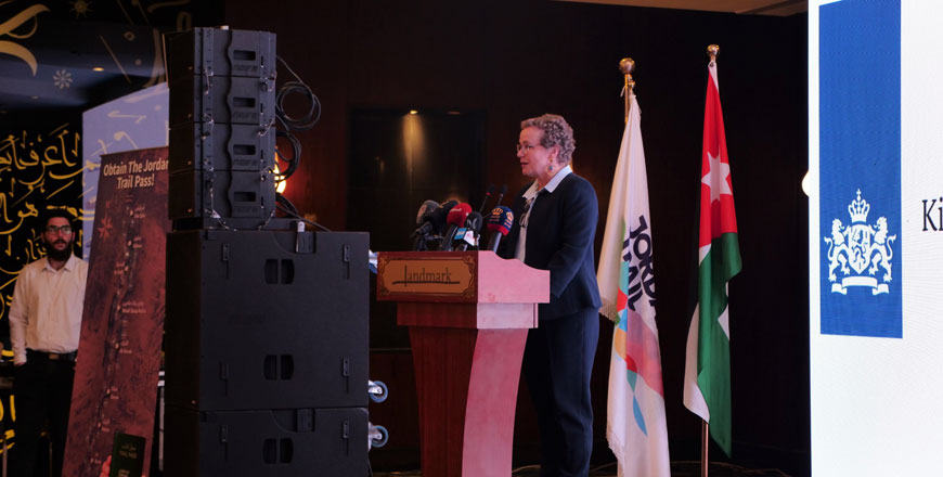Barbara Joziasse, ambassador of the Netherlands to Jordan, speaks during a ceremony held by the Jordan Trail Association to launch the 4th Annual Thru-Hike on Wednesday (Photo courtesy of Jordan Trail Association)