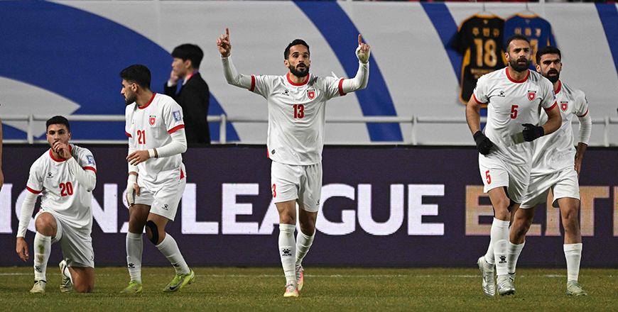 Jordan's Mahmoud Al Mardi (centre) celebrates scoring his team's first goal during the FIFA 2026 World Cup Asian qualifier football match between South Korea and Jordan in Suwon on Tuesday (AFP photo)