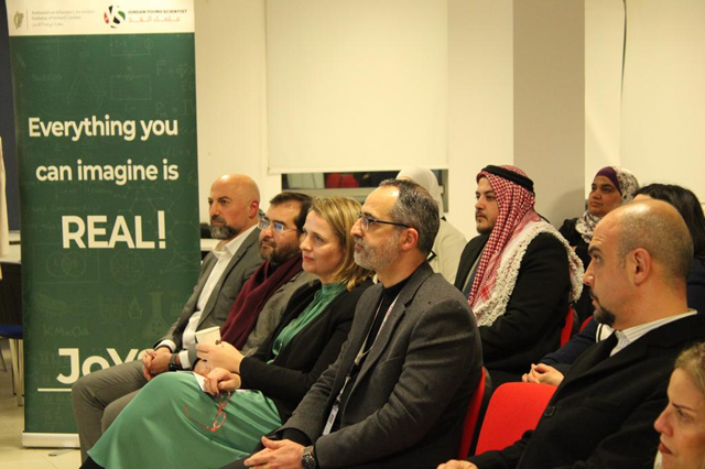 Marianne Bolger, Ambassador of Ireland to Jordan, Ismail Al Hanti, President of Al Hussein Technical University and guests during a recent orientation session for exhibition judges (Photo courtesy of Irish embassy)