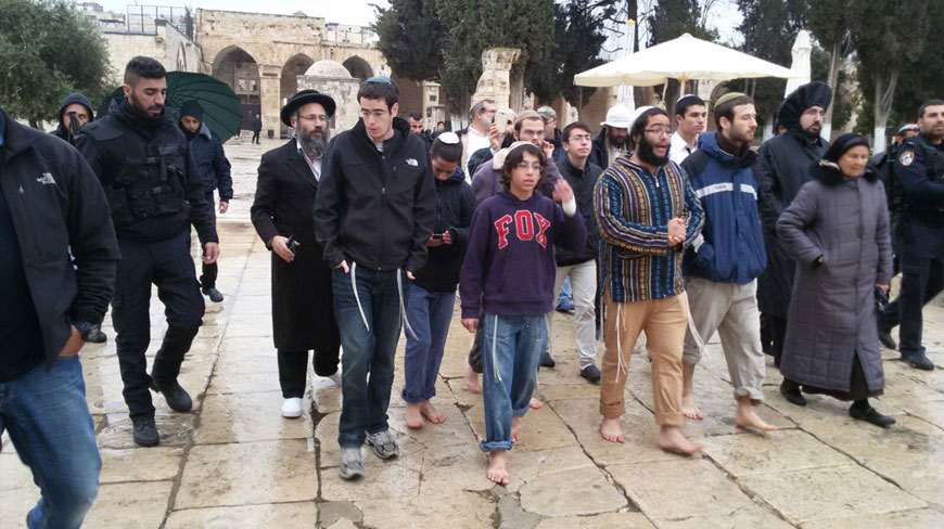 Jewish extremists, some bare footed, are seen in the vicinity of Al Haram Al Sharif in Jerusalem earlier this week. The government criticised Israel for providing them with a security cover while violating the sanctity of the Muslim shrine (Petra photo)