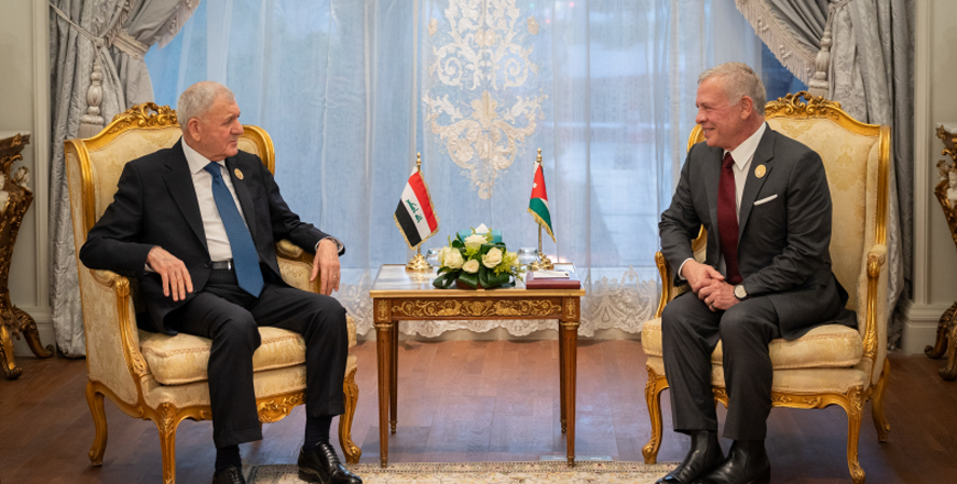 His Majesty King Abdullah meets in Cairo on Tuesday with Iraqi President Abdul Latif Rashid, on the sidelines of the Extraordinary Arab Summit hosted by Egypt (Photo courtesy of Royal Court)
