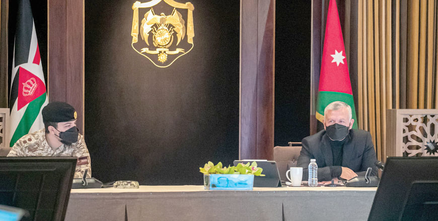 His Majesty King Abdullah Chairs a National Policies Council meeting, attended by HRH Crown Prince Hussein, on Tuesday (AFP photo)