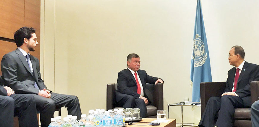 His Majesty King Abdullah holds a meeting with UN Secretary General Ban Ki-moon, attended by HRH Crown Prince Hussein, in New York on Monday (Photo courtesy of Royal Court)