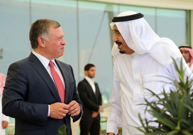 His Majesty King Abdullah speaks with Saudi King Salman Bin Abdulaziz in Tangier, Morocco, on Wednesday (Photo courtesy of Royal Court)