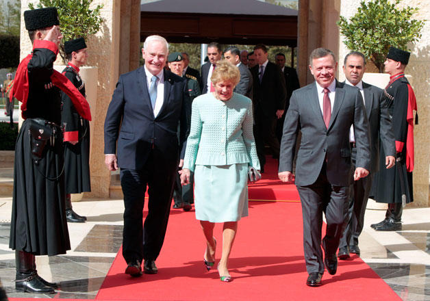 His Majesty King Abdullah receives Governor General of Canada David Johnston, and his wife Sharon, at Al Husseiniya Palace on Monday (Photo courtesy of Royal Court)