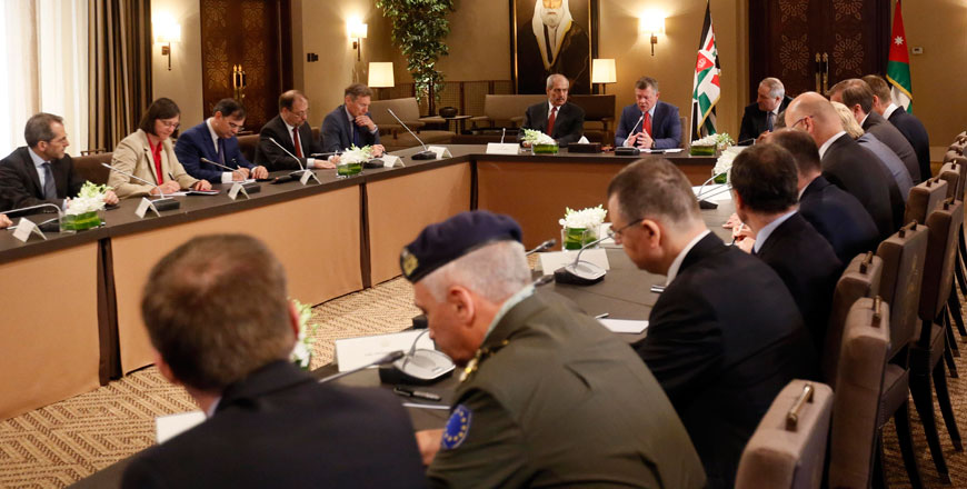 His Majesty King Abdullah holds talks with a delegation from the European Union's Political and Security Committee in Amman, on Monday (Photo courtesy of Royal Court)