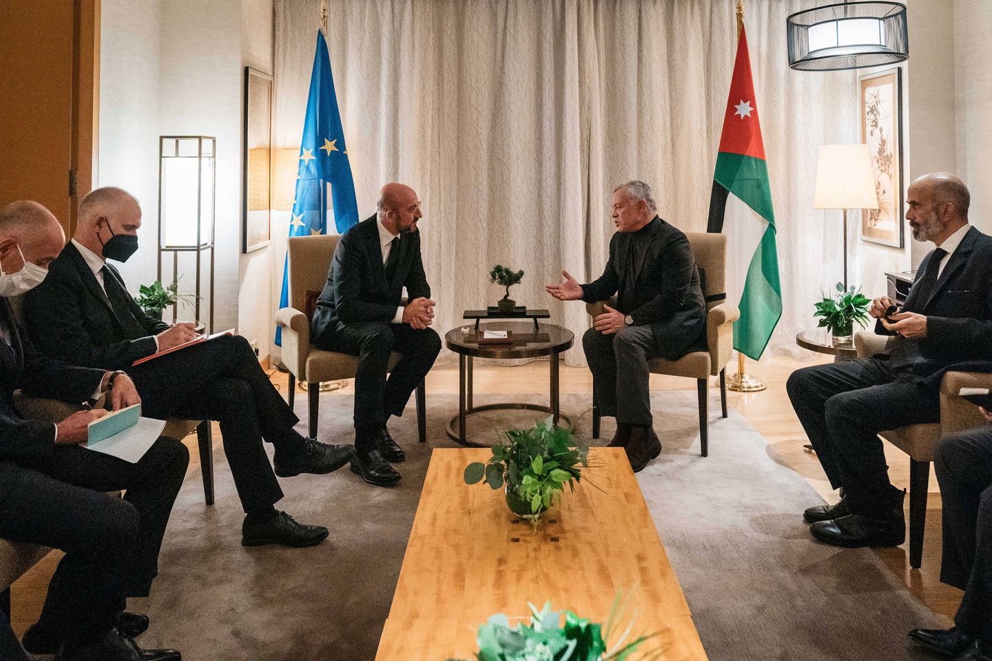 His Majesty King Abdullah meets European Council President Charles Michel in Tokyo on Tuesday (Photo courtesy of Royal Court)