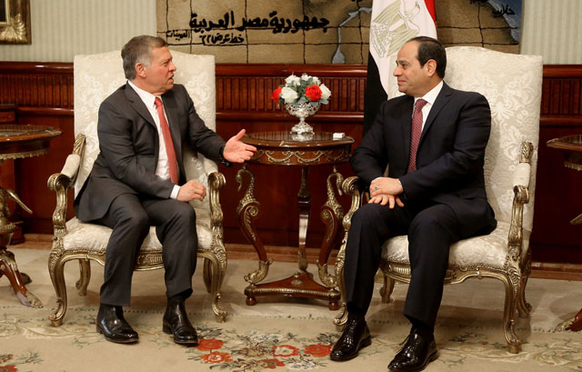 His Majesty King Abdullah and Egyptian President Abdel Fattah Al Sisi hold a summit meeting in Cairo on Tuesday (Photo courtesy of Royal Court)
