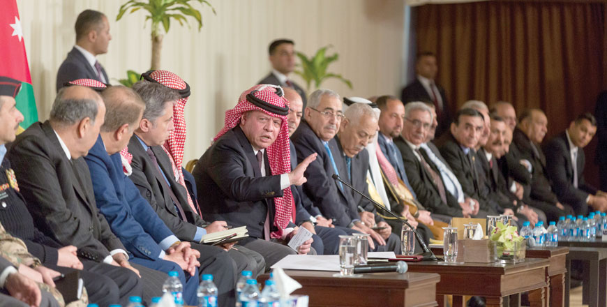 His Majesty King Abdullah speaks to community leaders and dignitaries from Mafraq Governorate at the Royal Court in Amman on Wednesday (Photo courtesy of Royal Court)