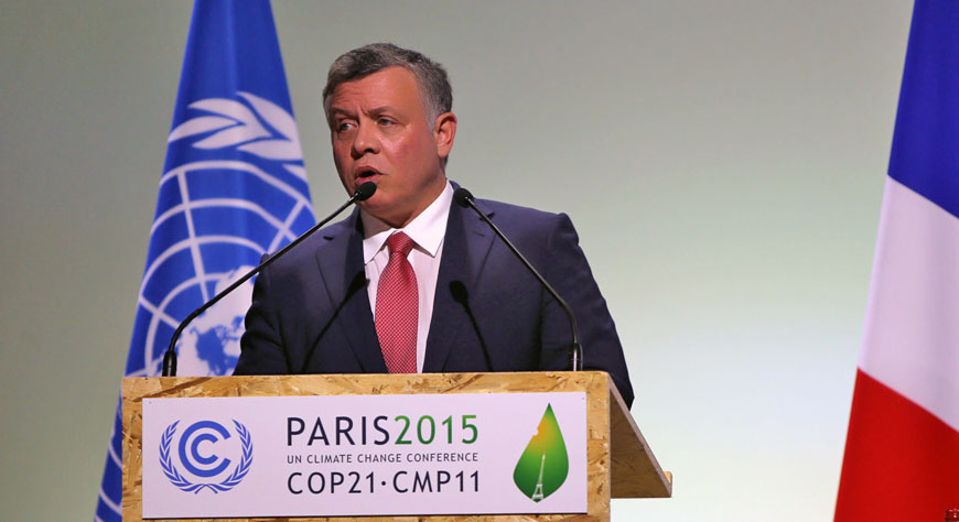 His Majesty King Abdullah delivers an address at the 2015 United Nations Climate Change Conference in Paris on Monday, attended by several world leaders (Photo courtesy of Royal Court)