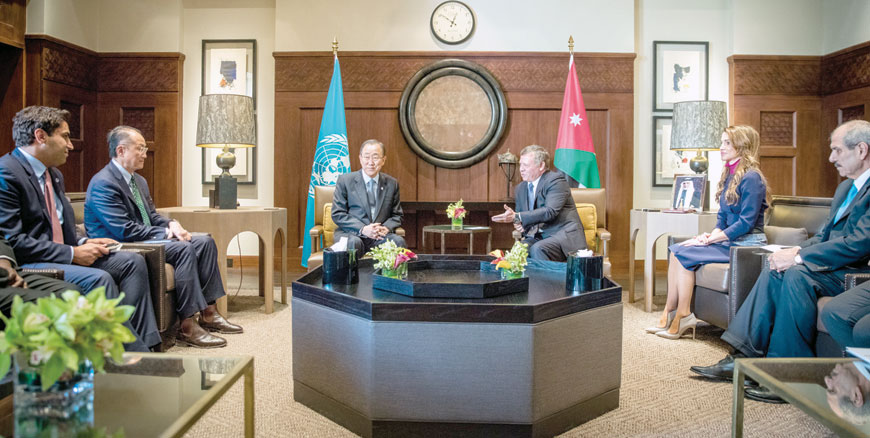 His Majesty King Abdullah holds talks with UN Secretary General Ban Ki-moon and World Bank Group President Jim Yong Kim at a meeting in Amman attended by Her Majesty Queen Rania on Sunday (Photo courtesy of Royal Court)