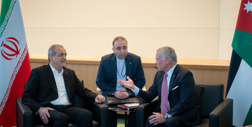 His Majesty King Abdullah on Monday meets with Iran President Masoud Pezeshkian, on the sidelines of the United Nations General Assembly meetings in New York (Photo courtesy of Royal Court)