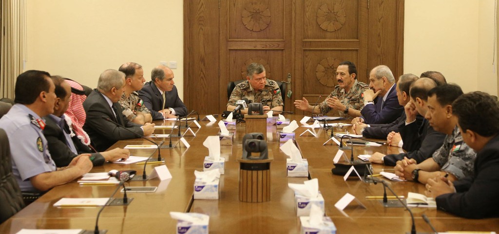 His Majesty King Abdullah, the Supreme Commander of the Jordan Armed Forces-Arab Army, chairs a meeting with high ranking civil and military officials, to follow up on the details of the terrorist act, which targeted a forward military post for serving Syrian refugees on the northeastern front (Photo courtesy of the Royal Court) 