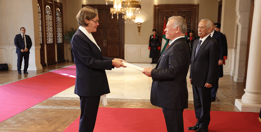 His Majesty King Abdullah on Tuesday, during a ceremony held at Basman Palace, accepts the credentials of a number of new ambassadors to Jordan (Photos courtesy of Royal Court)