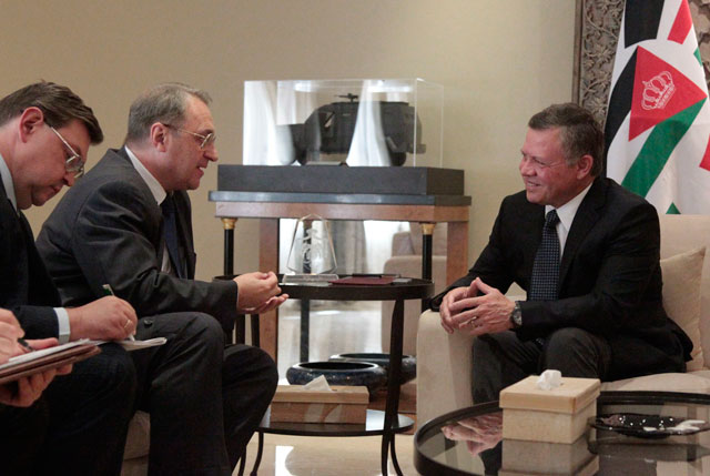 His Majesty King Abdullah meets with Russian Deputy Foreign Minister and Special Presidential Envoy for the Middle East and Africa Mikhail Bogdanov in Amman on Thursday (Photo courtesy of Royal Court)