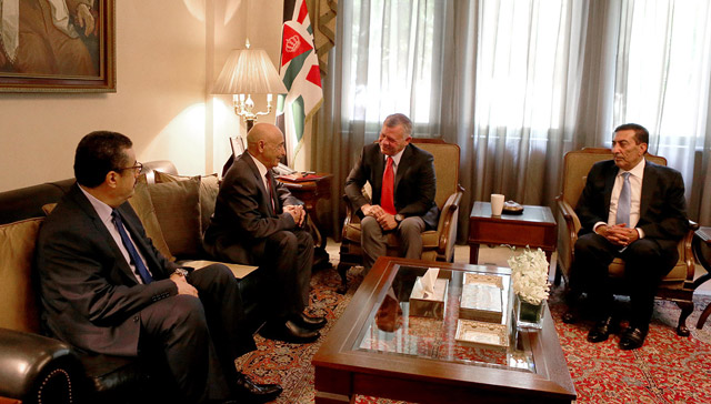 His Majesty King Abdullah receives Libyan Lower House Speaker Aqila Saleh, in the presence of senior officials, at Basman Palace on Sunday (Photo courtesy of Royal Court)