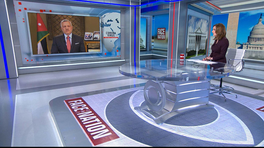 His Majesty King Abdullah speaks during an interview on US network CBS’ show 'Face the Nation', moderated by Senior Foreign Affairs Correspondent Margaret Brennan, on Sunday (Photo courtesy of Royal Court)