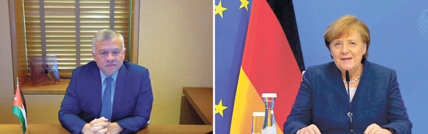 His Majesty King Abdullah and German Chancellor Angela Merkel on Tuesday discussed Jordanian-German ties and means of bolstering the two countries’ strategic partnership across various sectors during a video call (Photo courtesy of Royal Court)