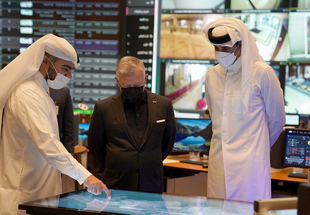 His Majesty King Abdullah and Qatar Emir Sheikh Tamim Bin Hamad Al Thani tour the Safety and Security Operations Committee of the FIFA World Cup Qatar 2022 at the National Command Centre on Wednesday (Photo courtesy of Royal Court)