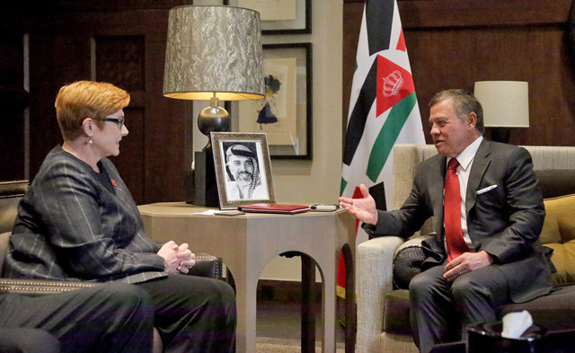 His Majesty King Abdullah receives Australian Defence Minister Marise Payne at Al Husseiniya Palace on Tuesday  (Photo courtesy of Royal Court)