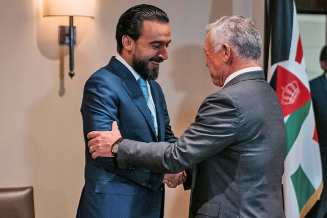 His Majesty King Abdullah meets Iraqi Parliament Speaker Mohammed Al Halboosi and an accompanying parliamentary delegation at Al Husseiniya Palace, during a meeting attended by HRH Crown Prince Hussein, on Monday (Photo courtesy of Royal Court)