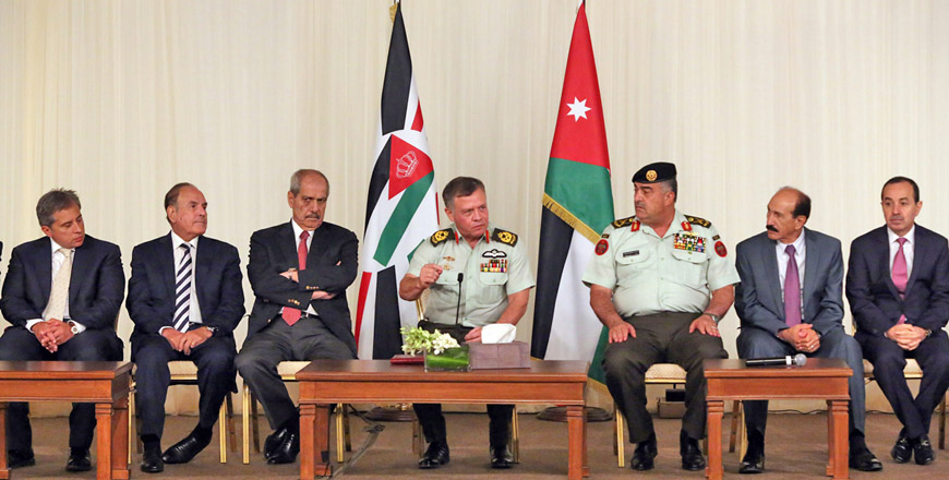 His Majesty King Abdullah addresses senior army and security officers at a meeting that followed an iftar banquet in Amman on Monday (Photo courtesy of Royal Court)
