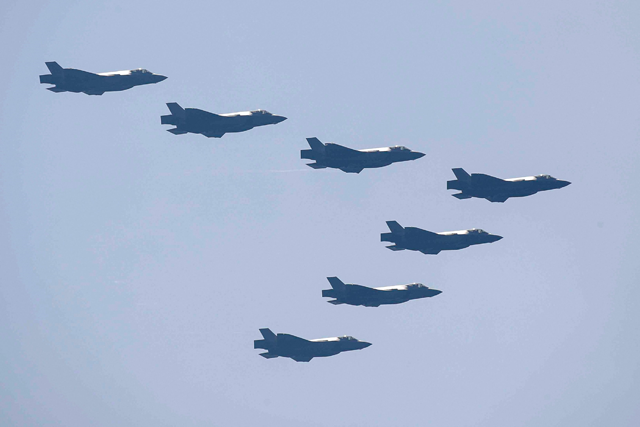 This photo taken on Thursday and released on Saturday shows South Korea's F-35A Stealth fighter jets participating on media day for the 74th anniversary of Armed Forces Day at the Military Base in Gyeryong city (AFP photo)