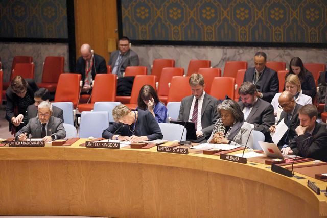 Members of the UN Security Council listen as Assistant Secretary-General for the Middle East, Asia and the Pacific Khaled Mohamed Khiari speaks during a meeting on Non-proliferation and the Democratic People’s Republic of Korea at the United Nations headquarters on Monday in New York City (AFP photo)