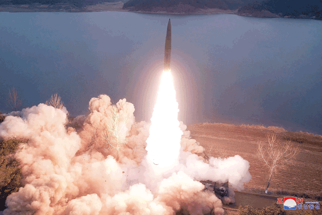 This photo taken on Tuesday and released by North Korea's official Korean Central News Agency on Wednesday shows a missile being launched by a unit of the Korean People's Army, in charge of operational missions on the Western Front, at an undisclosed location in North Korea  (AFP photo)