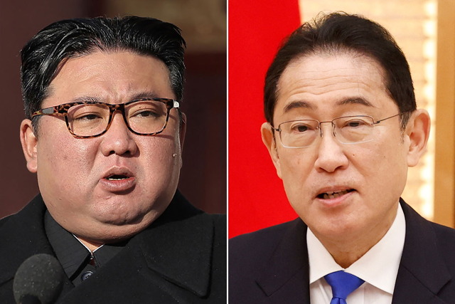 North Korean leader Kim Jong-un (left) delivering a speech at the ministry of national defence in Pyongyang on the occasion of the 76th founding anniversary of the Korean People’s Army, and Japan’s Prime Minister Fumio Kishida delivering a speech during the graduation ceremony of the National Defence Academy in Yokosuka, Kanagawa prefecture on Saturday (AFP photo)