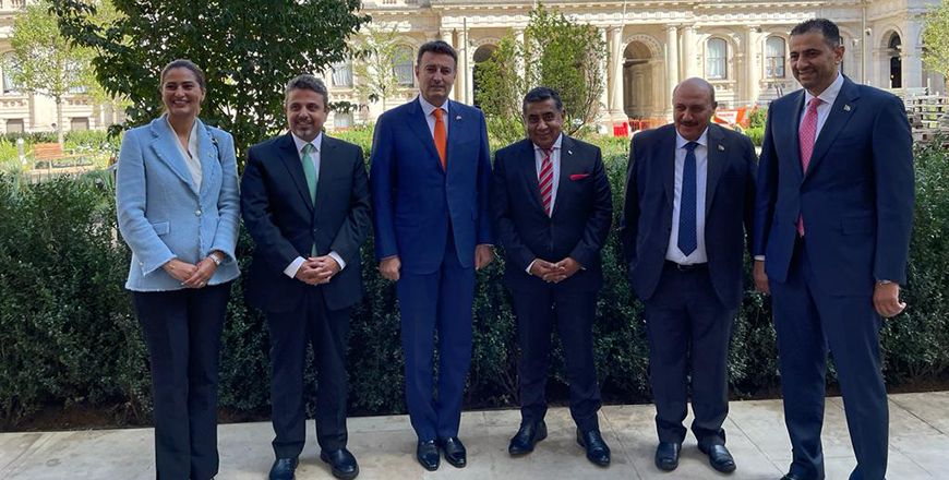 Lower House Speaker Ahmad Safadi and UK Minister of State for the Middle East, North Africa, South Asia and United Nations at the Foreign, Commonwealth and Development Office, Lord (Tariq) Ahmad, pose for a photo in London on Thursday  (Petra photo)