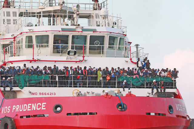 This file photo taken on July 14 shows the Italian rescue ship Vos Prudence run by NGO ‘Doctors Without Borders’  arriving in the port of Salerno carrying 935 migrants rescued from the Mediterranean sea. French NGO MSF announced on Saturday the activities of vessel Prudence, the largest of the rescue boats for migrants in the Mediterranean sea, were temporarily suspended following a ban by Libyan navy to sail off the Libyan coasts (AFP photo)
