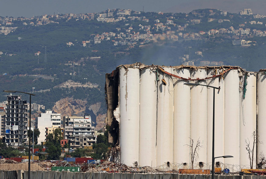 A photo taken on Monday shows Beirut’s grain silos that were severely damaged in 2020 by an enormous explosion  (AFP photo)