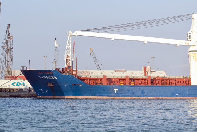 A photo shows a view of the bow of the grain-laden Syrian-flagged ship Laodicea, docked in Lebanon’s northern port of Tripoli, on Saturday (AFP photo)