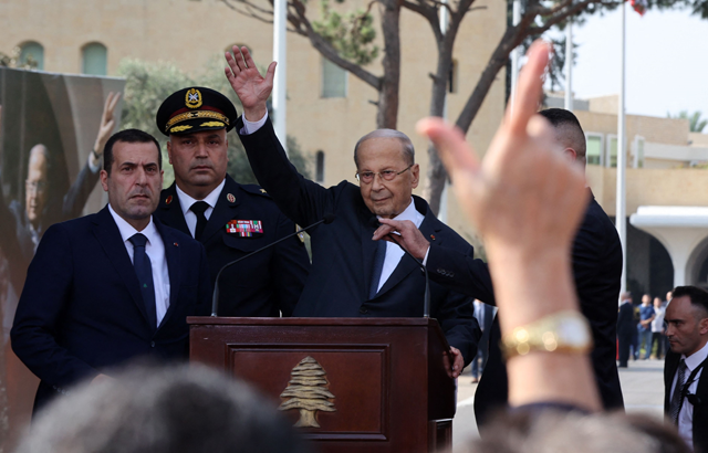 Lebanon's President Michel Aoun waves to his supporters in front of the presidential palace in Baabda before delivering a speech to mark the end of his mandate, east of the capital Beirut, on Sunday (AFP photo)