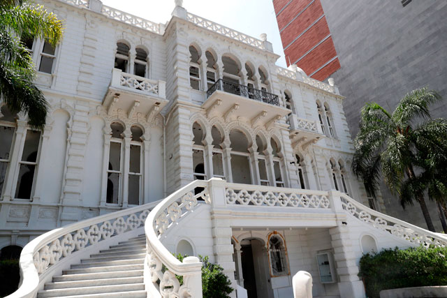 This photo taken on Saturday shows a view of the facade of the damaged Sursock Museum in the neighbourhood of Ashrafiyeh in Lebanon's capital Beirut, with empty windows after their stained glass was broken in the aftermath of the massive blast at the port of Beirut which ravaged entire neighbourhoods of the city (AFP photo)