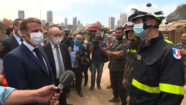 French President Emmmanuel Macron at the devastated port of Lebanon's capital Beirut on Thursday (AFP photo)