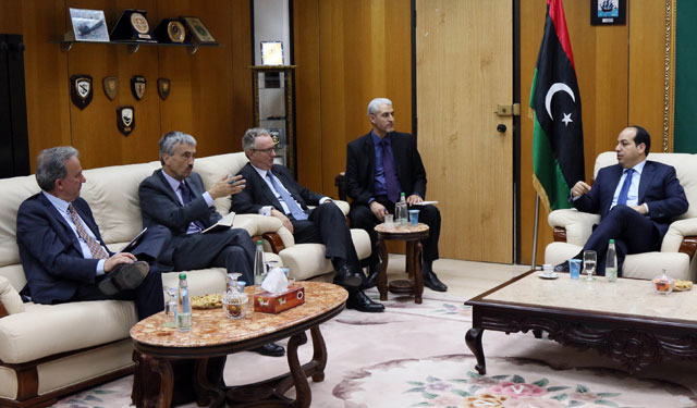 The ambassadors of Spain, Jose Antonio Bordallo (left), of Britain, Peter Millet (2nd left), and of France, Antoine Sivan (3rd left), are welcomed by the Libyan Deputy Prime Minister of the Government of National Accord Ahmad Meitig (right) in Tripoli on  Thursday (AFP photo)
