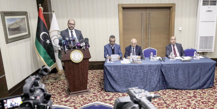 Omar Abdel Aziz Bushah (left), vice president of Libya's Higher Council of State, gives a press conference about the latest developments ahead of the upcoming elections, in Libya's capital Tripoli, on Wednesday (AFP photo)