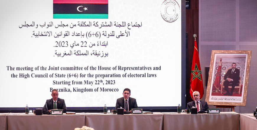 Libyan head of representative delegation to the House of Representatives Jalal Salah Abd Assalam, Moroccan Minister of Foreign Affairs Nasser Bourita and Libyan head of the representative delegation of the Supreme Council of the State Omar Mohamed Aboulifa, attend a meeting of the joint committee of the Libyan house of representatives, early on Wednesday in Bouznika (AFP photo)