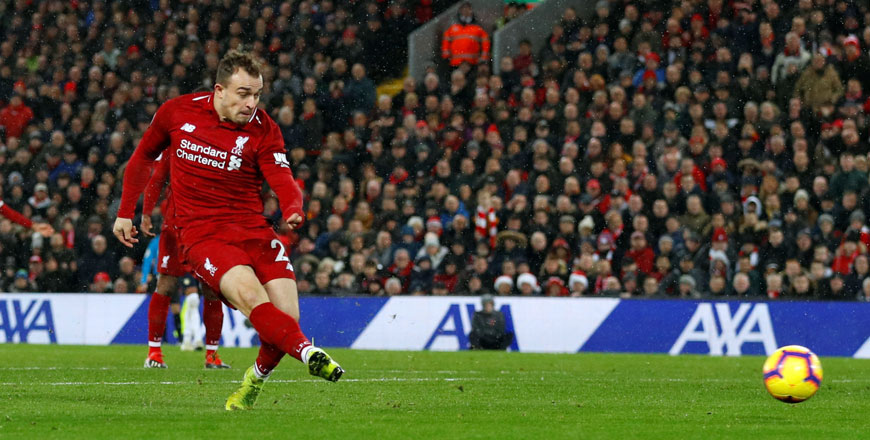  Liverpool's Xherdan Shaqiri scores his second goal during Liverpool-Manchester United derby at Anfield, Liverpool, on Sunday (Reuters photo)
