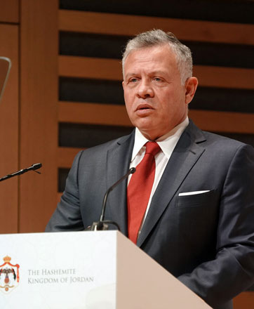 His Majesty King Abdullah II delivers his speech at the London initiative on Thursday (Petra photo)