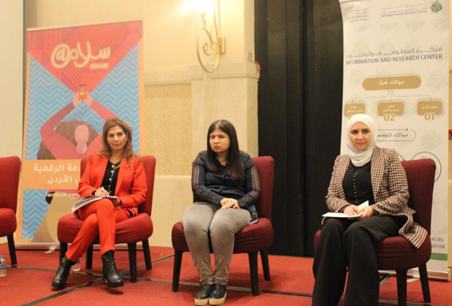 Speakers during the launch of the first ‘Jordanian Network to Combat Digital Violence Against Female Journalists’ on Wednesday (Photo by Maria Weldali)