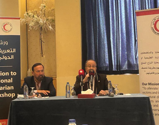 Jordan Red Crescent Society (JRCS) president Mohamed Hadid on Saturday speaking during a workshop organised by the JRCS titled 'International Humanitarian Law Amidst Current Conditions in Gaza' (Photo by Maria Weldali)