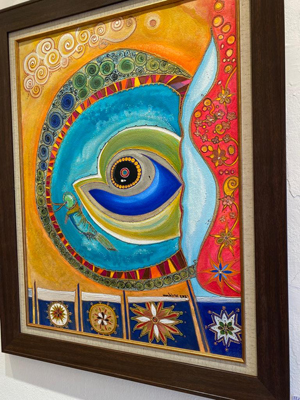 An artwork on display at Amman’s Foresight32 Art Gallery as part of the ‘Euphrosyne’ exhibition featuring artists Samar Tarazi and Khaled Tarazi (Photo by Maria Weldali)