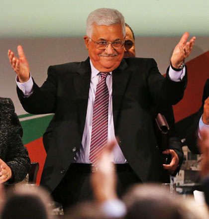 Palestinian President Mahmoud Abbas gestures after delivering a speech on the second day of the 7th Fateh Congress on Wednesday, at the Muqataa, the Palestinian Authority headquarters, in the West Bank city of Ramallah (AFP photo)