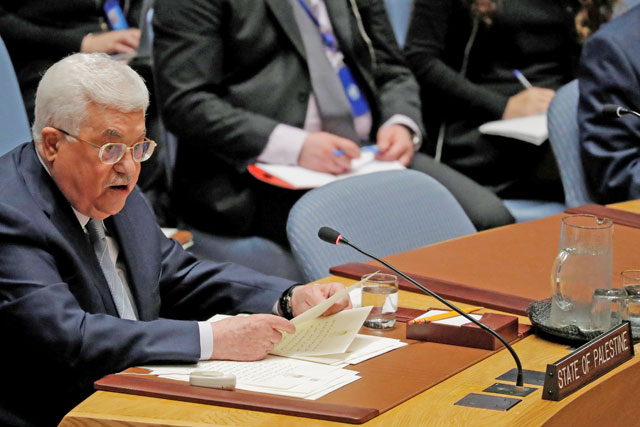 Palestinian President Mahmoud Abbas speaks during a meeting of the United Nations Security Council at UN headquarters in New York, the US, on Tuesday (Reuters photo)