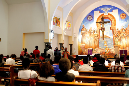 African Christian migrants pray in a church ahead of the Pope's visit, in Rabat, Morocco, on Sunday (Reuters photo)