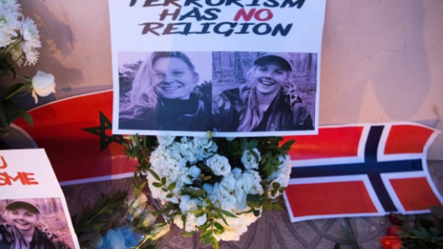 In this undated photo, Moroccans paid tribute to Danish student Louisa Vesterager Jespersen (left) and Norwegian Maren Ueland after they were murdered  (AFP photo)