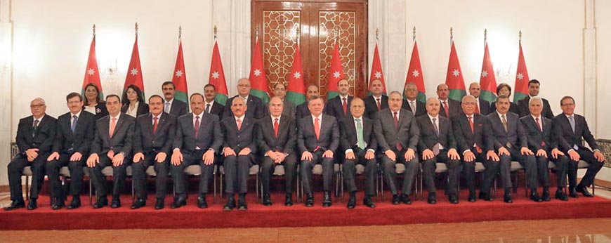 His Majesty King Abdullah with Prime Minister Hani Mulki and members of his Cabinet after the government was sworn on June 1 (Photo courtesy of Royal Court)